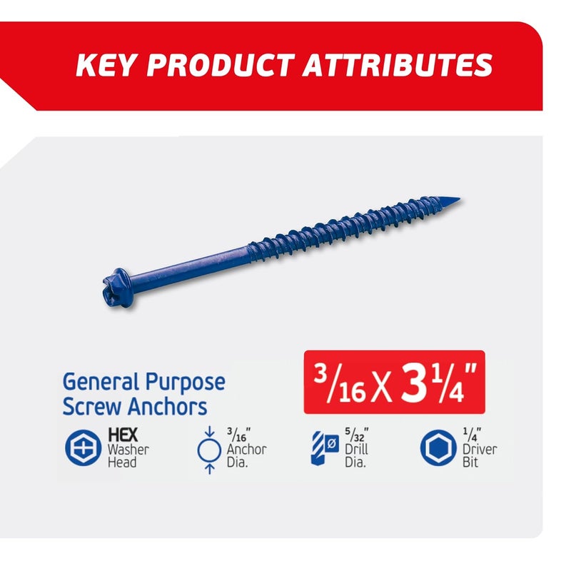 FixMaster 3/16 x 3-1/4" Hex Head Blue Concrete Screw Anchors (100 pcs Screw Kit) with one Screwdriver and Drill Bit for Concrete, Masonry, Block, Brick and Wood Fastening - Image 2
